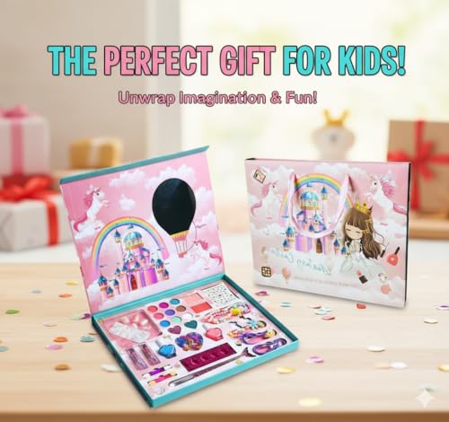 Big Size Kids Washable Makeup Kit Fold-Out Makeup Palette with Mirror Non-Toxic & Safety Tested Pretend Cosmetic Toy Set for Girls Washable Play Makeup Gift for Kids