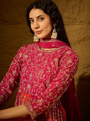 Shampysky Women's Pink Chinon Stitched Gown With Dupatta 3/4 Sleeve Embroidered Anarkali Gown (SSY-1231-Pink-L)