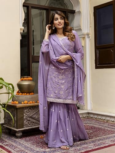 TRENDMALLS Women's Art Silk Embroidery Kurta Sharara Set with Dupatta (G313-LightPurple-XXL)