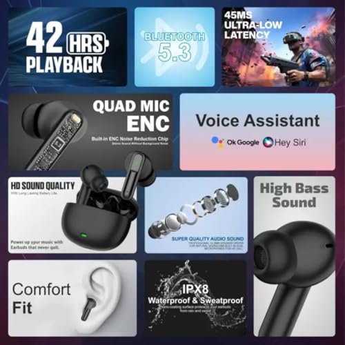 VEHOP Atom 151 Truly Wireless in Ear Earbuds with 42 HRS Battery, Fast Charge, BT v5.3 Bluetooth Earbud, Dual Mics ENC, Low Latency Gaming, IPX4, TWS Ear Buds Wireless Earphones with mic.(Black)