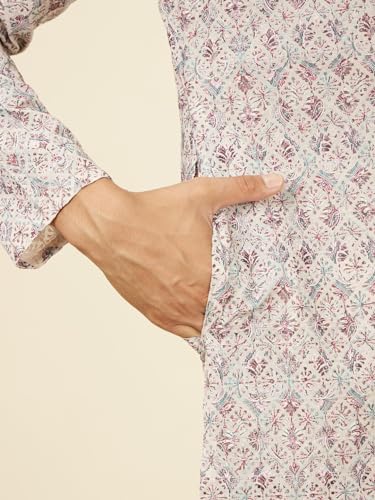 Manyavar Beige Blended Cotton Digital Printed Kurta Pyjama Set for Men