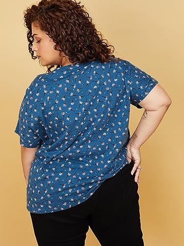 Max Women Plus Size Pure Cotton Floral Printed Round Neck T-shirt (SP23ELITE01P_Blue)