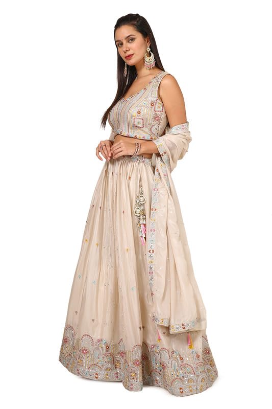 Soch Womens Beige Chinon Blend Embroidered Ghagra Choli With Sequins