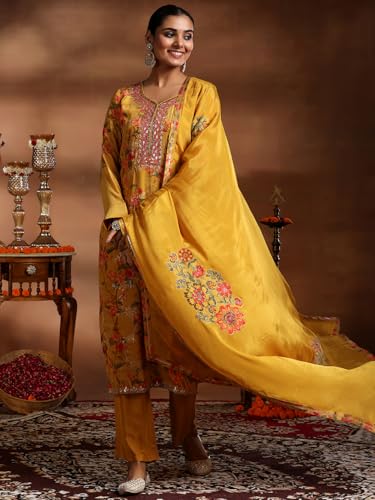 Libas Womens Printed Silk Blend Straight Kurta With Trousers and Dupatta