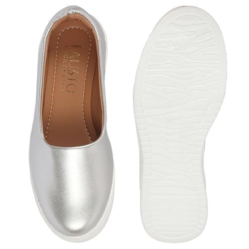 FAUSTO FST FJDWC-7033 SILVER-41 Women Silver Height Enhancer Lightweight Glitter Slip On Shoes|Memory Cushion Insole|Party Slip On All Season Casual Shoe (8 UK)
