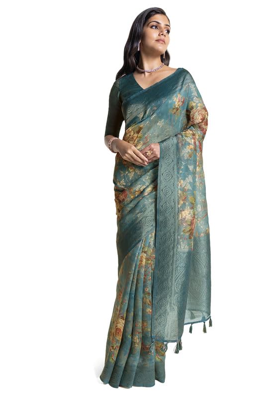 Soch Womens Teal Chanderi Floral Print Saree With Tassels