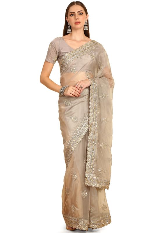 Soch Womens Grey Sequinned Embellished Organza Saree With Zardosi