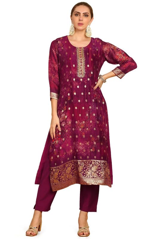 Soch Womens Magenta Floral Printed Organza Suit Set