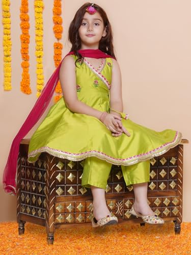 Bitiya By Bhama Girls Green Floral Embroidered Angrakha Kurta with Trousers & Dupatta(TKS166)