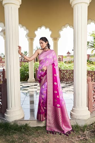 Women Banarasi Georgette Woven Work Half & Half Saree For Women With Gold Zari Border & Unstitched Blouse Piece Lilac Sari Mahika, 674