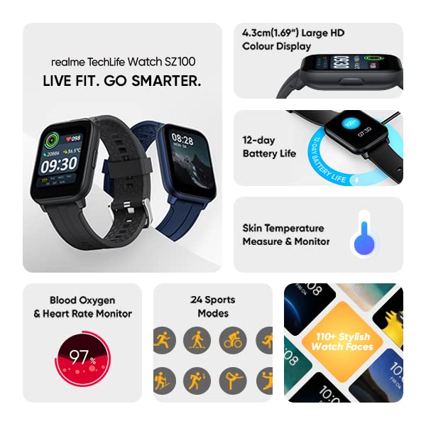 realme Techlife Smart Watch SZ100 1.69" HD Display with SpO2, Heart Rate & Temperature Monitors (Blue Strap, Free Size), RMW2103