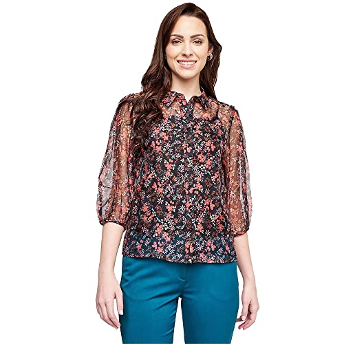 AND Floral Polyester Round Neck Womens Top (Black, 10)