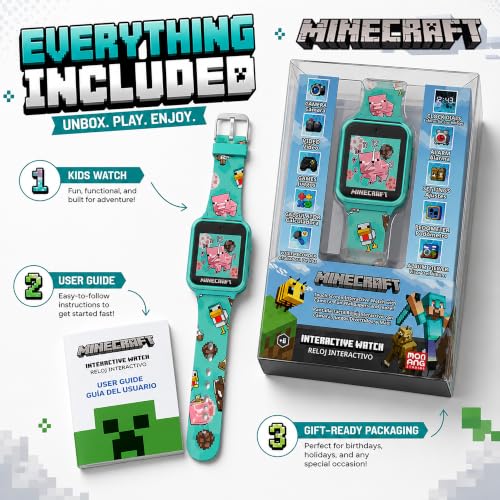 Minecraft Kids Smart Watch with Touchscreen Display, 10 Watch Faces, Games, Camera, Alarm, Timer, Step Counter & Calculator – Fun Interactive Learning Watch for Boys & Girls, Fits Wrist Sizes 5.5"-8",