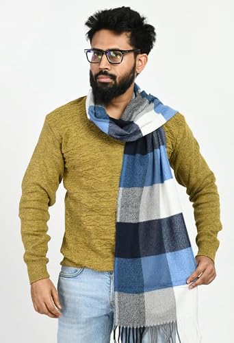 MANRA Men's Woolen Printed Striped, Check Soft & Warm Muffler, Scarf For Winter (MEN MUFFLER THICK CHECK/SKY BLUE-WHITE)