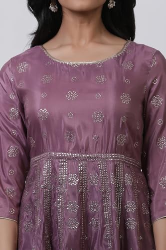 W for Woman Purple Festive Geometric Print Shantung Flared Kurta Set with Parallel Pant_22AUWS18293-119280_XS