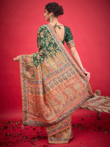 AKHILAM Women's Green Viscose Silk Ethnic Motif Printed Saree With Unstitched Blouse Piece (MSTANI59B_HS)