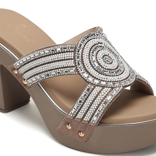 Marc Loire Women’s Embellished Block Heels Slip-On Open Back Fashion Sandals (Khakhi, UK Footwear Size System, Adult, Women, Numeric, Medium, 6)