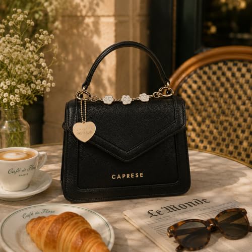 Caprese X Emily in Paris Tiara Small Satchel - Premium Textured Faux Leather Handbag for Women with Multi-Compartment Interior, Adjustable Detachable Strap & Exclusive Chain Flower Charm