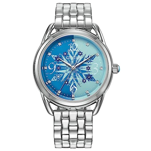 Citizen Women's Eco-Drive Disney Princess Frozen Crystal Analog Watch And Pin Gift Set In Silver Stainless Steel Watch, Blue Dial (Model: Fe7091-61W), Silver, Silver, Bracelet