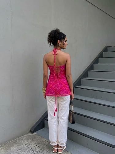 Nishorama Rang Bandhani Halter Neck Corset Kurti,XXL Pink