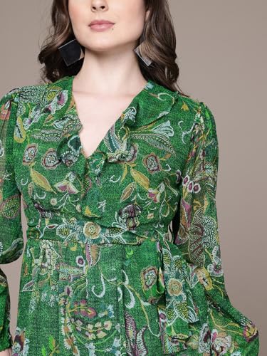 Label RITU KUMAR Green Alanna V Neck Short Dress with Belt