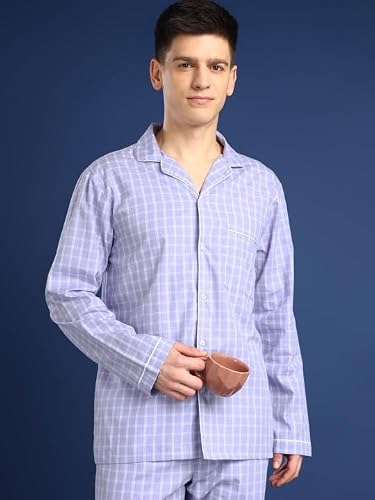 Hancock Men Cotton Checked Night Suit Lavender Size S