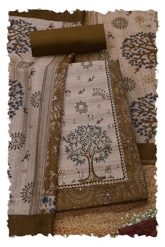 Soch Womens Beige Chanderi Warli Print Unstitched Dress Material With Sequins
