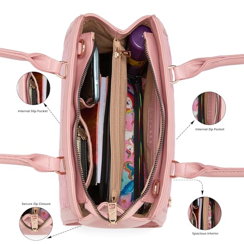 Caprese Katherine Medium Monogram Velvet Satchel for Women | Elegant Multi-Compartment Shoulder Handbag with Adjustable & Detachable Strap | Textured Velvet Designer Work & Party Purse (Pink Sorbet)