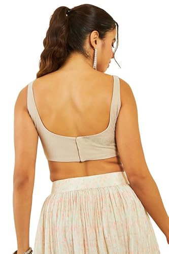 Soch Womens Beige Net Shimmery Scoop-Neck Back-Open Sleeveless Blouse