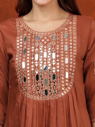 NIVANA Mirror Embroidered Kurta with Pant & Embroidered Dupatta | XL | Rust