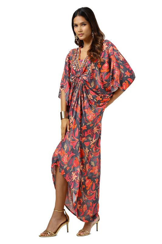 Soch Womens Grey Viscose Muslin Floral Print Kaftan with Beads and Stones