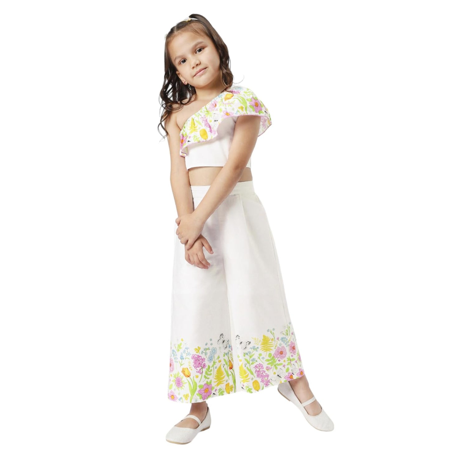 Nautinati Girls Floral Printed One Shoulder Top with Pants Set