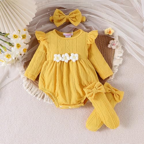 Hopscotch Baby Girls Textured Print Full Sleeves Yellow Bodysuits For Ages (9-12 Months)