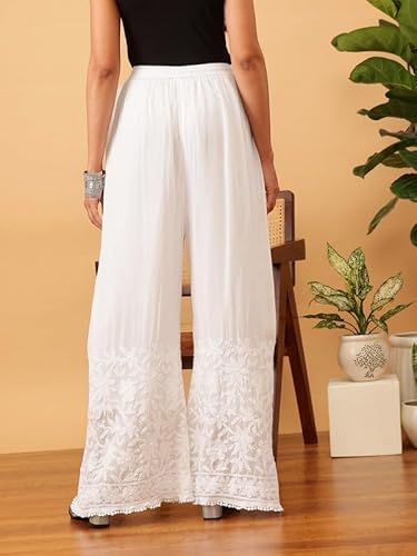 Ada Hand Embroidered Lucknow Chikankari Viscose Loose Fit Palazzo Pant Culottes for Women A711190 White (XS)