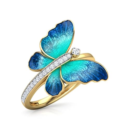 RUVEE 18K Gold-Plated Butterfly Ring with Blue Enamel Wings & Cubic Zirconia – Fashion Jewelry for Women & Girls