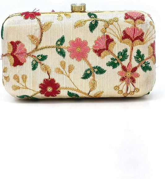 PINK TREASURE Gold Embroidered Clutch for Women | Floral Zari Work Box Clutch for Weddings & Parties | Elegant Handbag with Push Lock Closure | Ideal Gift Accessory (Cream)