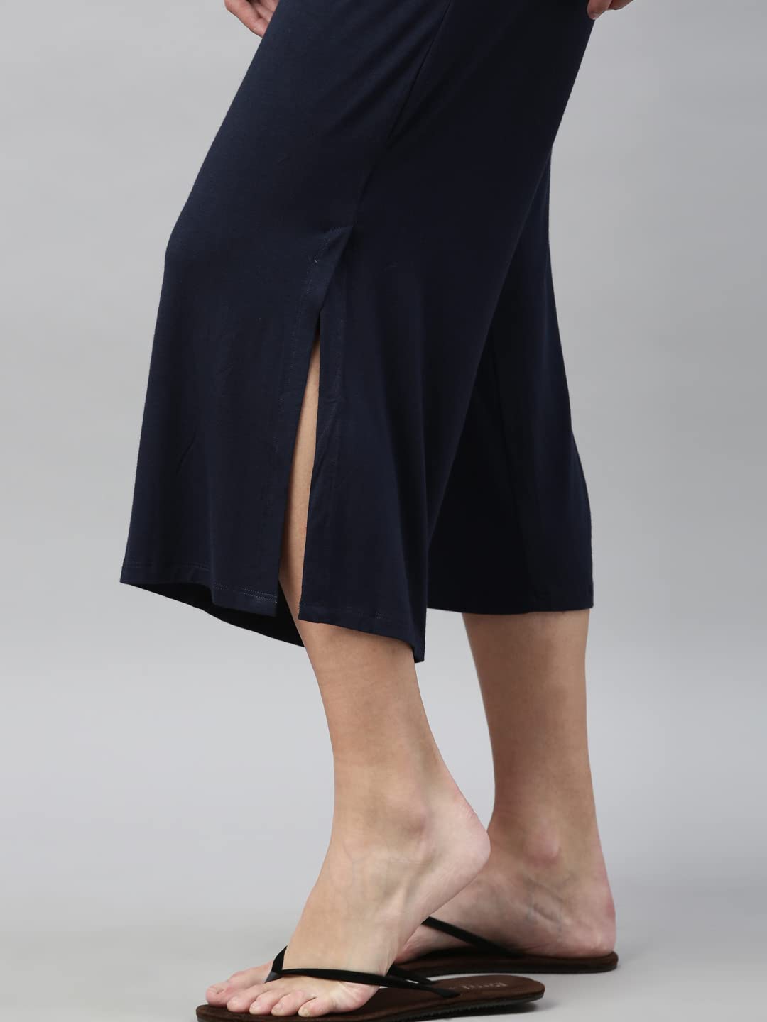 Enamor Essentials Women's Mid Rise Crop Length Soft & Drapey Stretch Viscose Culottes with Smart Side Slits - E064(E064-Navy-M)