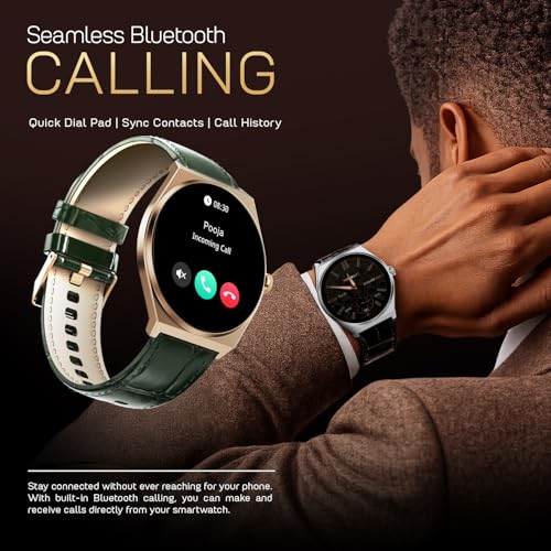 Fire-Boltt Phoenix Nova Smartwatch 1.43” Slim Super AMOLED Display 466x466 Pixel Always-On Display Bluetooth Calling Wireless Charging Rotating Crown Health Tracker for Men & Women Jade Green Leather