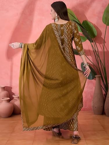 AVYUKTHA Silkkurta Palazzo & Dupatta Set For Womens | Regular Fit | 3/4 Sleeve | V Neck | Printed Embroidery | Lightweight & Comfortable | Ethenic Dress | Ideal For Weddings & Parties | M | Mustard
