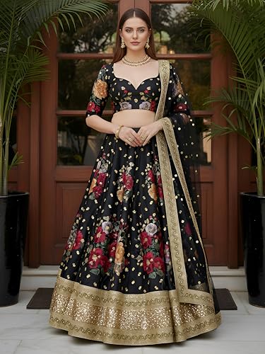 Zeel Clothing Women's Floral Print, Zari and Sequins Embroidered Work Banglori Silk Semi-Stitched Lehenga Choli With Dupatta (7508-Black-Wedding-Lehenga-Choli, Free size) (Black)