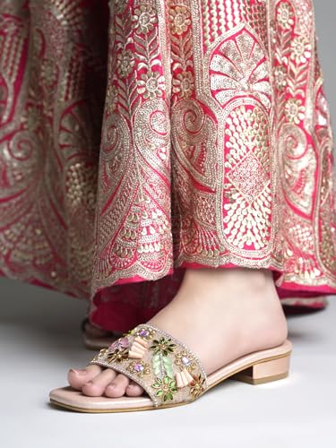 Shoetopia Women’s luxury Embellished Rose-Gold Heel Sandals |Slip-On Party & Wedding Heels with Beaded Strap footwear EU40