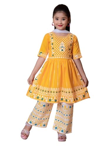 NEW JON Girl's Traditional Cotton Straight Kurta and Pant with Dupatta Set(Yellow, Size: 7-8 Years)