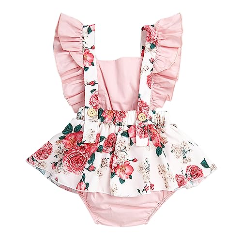 Hopscotch Girls Polyester Sleeveless Ruffled Floral Print Bodysuit in Peach Color For Ages (9-12 Months)