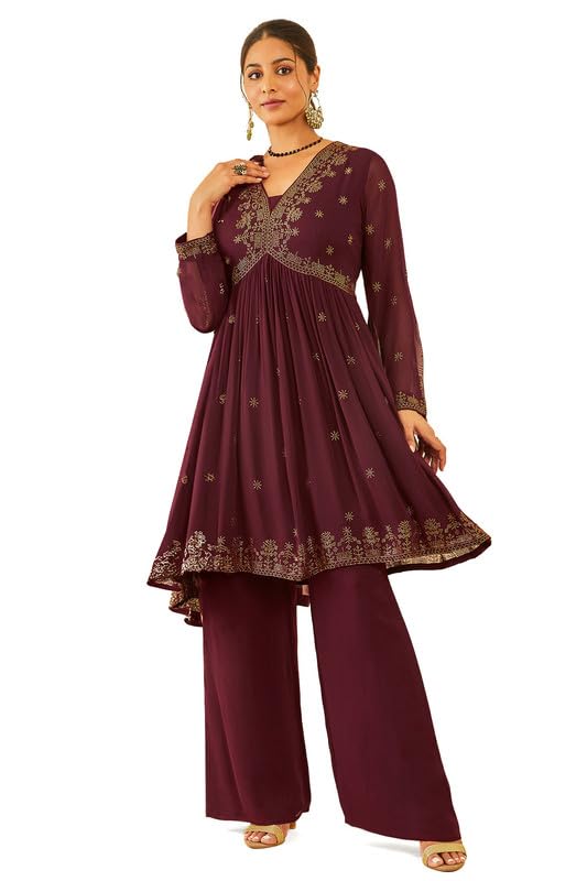 Soch Womens Maroon Embellished Georgette Alia Cut Suit Set
