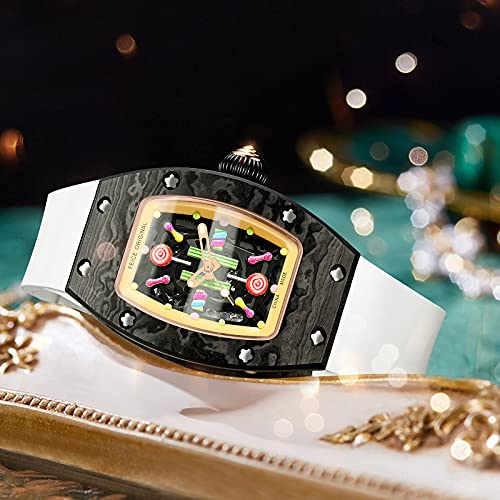 FEICE Women's Automatic Wrist Watch Fashion Skeleton Mechanical Watch with Carbon Fiber Strap Luminous Waterproof Wristwatch for Ladies FM606 (Black&White)