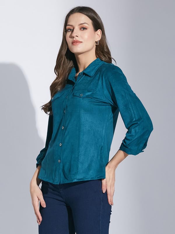 Latin Quarters Women Teal Shirt Collar 3/4 Sleeve Solid Shirt_L