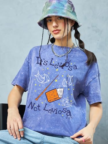 Bewakoof Official Harry Potter Merchandise Women's Graphic Printed Oversized Fit Half Sleeve Round Neck Cotton Jersey Acid Wash T-Shirt_659430_Blue_3XL