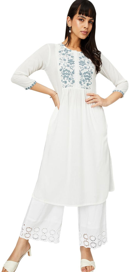 Max Women's Rayon Blend Regular Regular Fit Kurta (Vieksu24Da_Off White_L