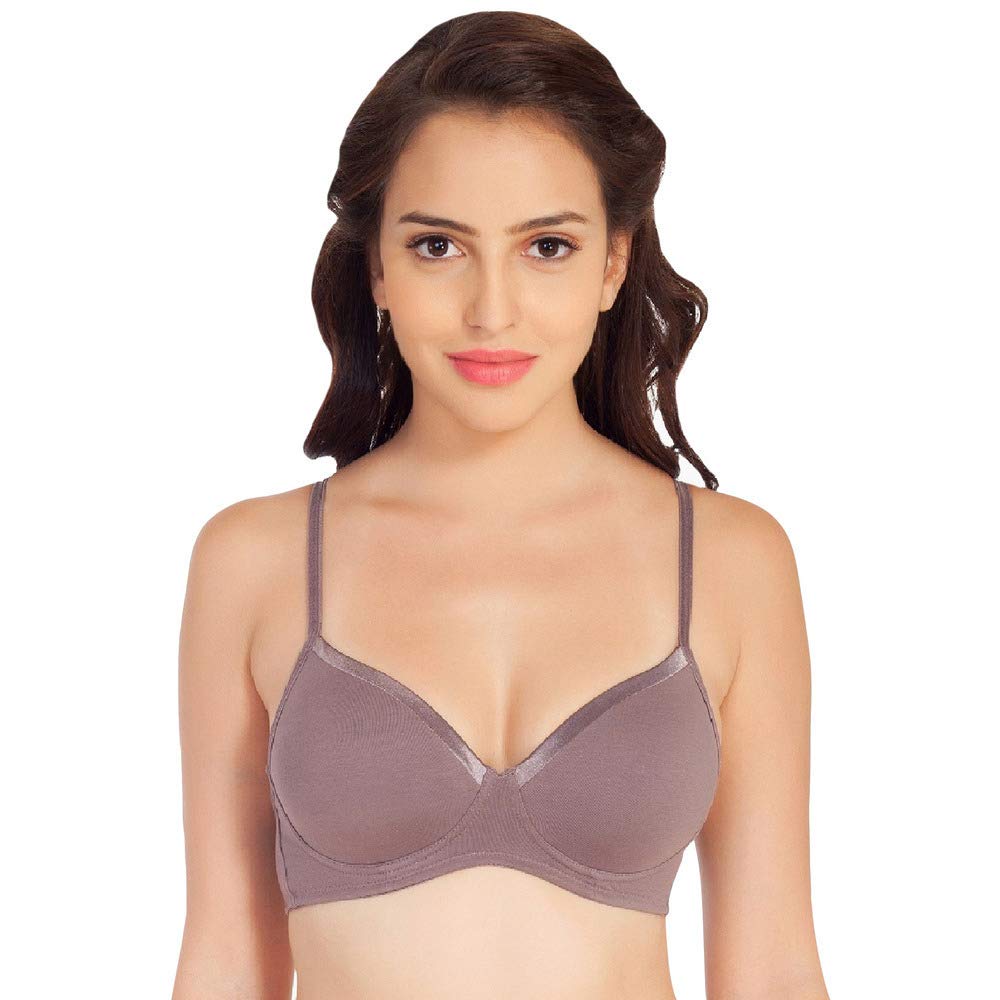 SOIE Women Semi/Medium Coverage Padded Non Wired Satin Panelled Cotton Spandex T Shirt Bra (CB-104_Nutmeg_36C)