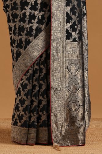 Soch Womens Black Satin Botanical Zari Woven Saree